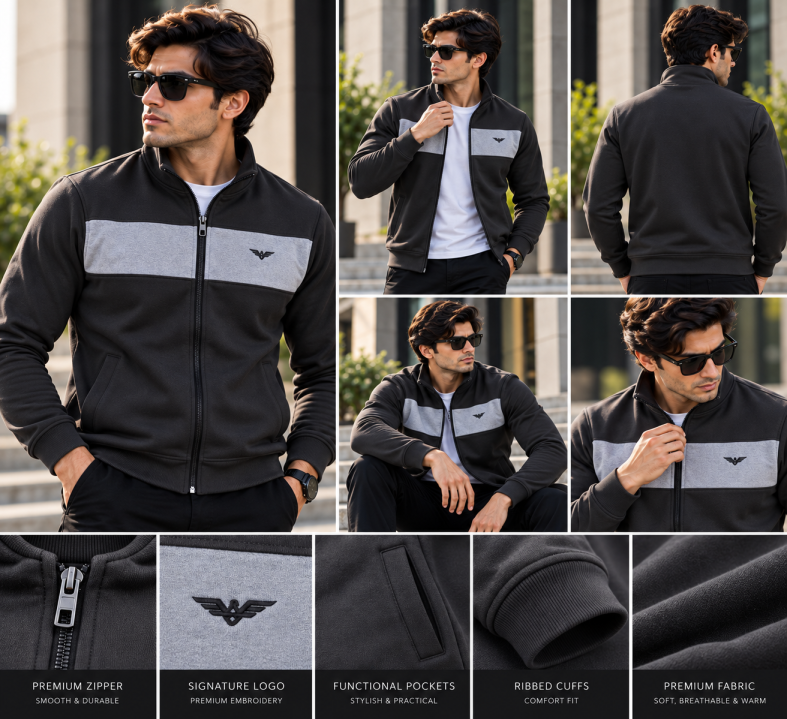 Eternity Men Premium Chest Panel Zipper Black & Charcoal