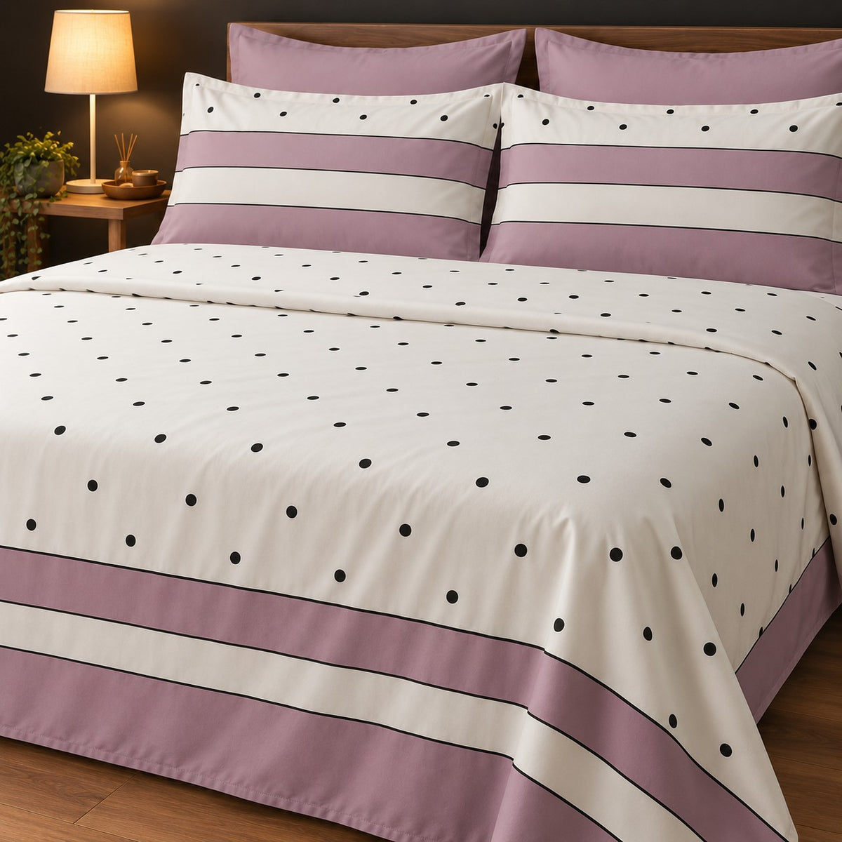 Mauve Polka Dot Print Bedsheet Set close-up of print and pillow covers