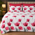Pink Poppy Print Bedsheet Set close-up of print and pillow covers