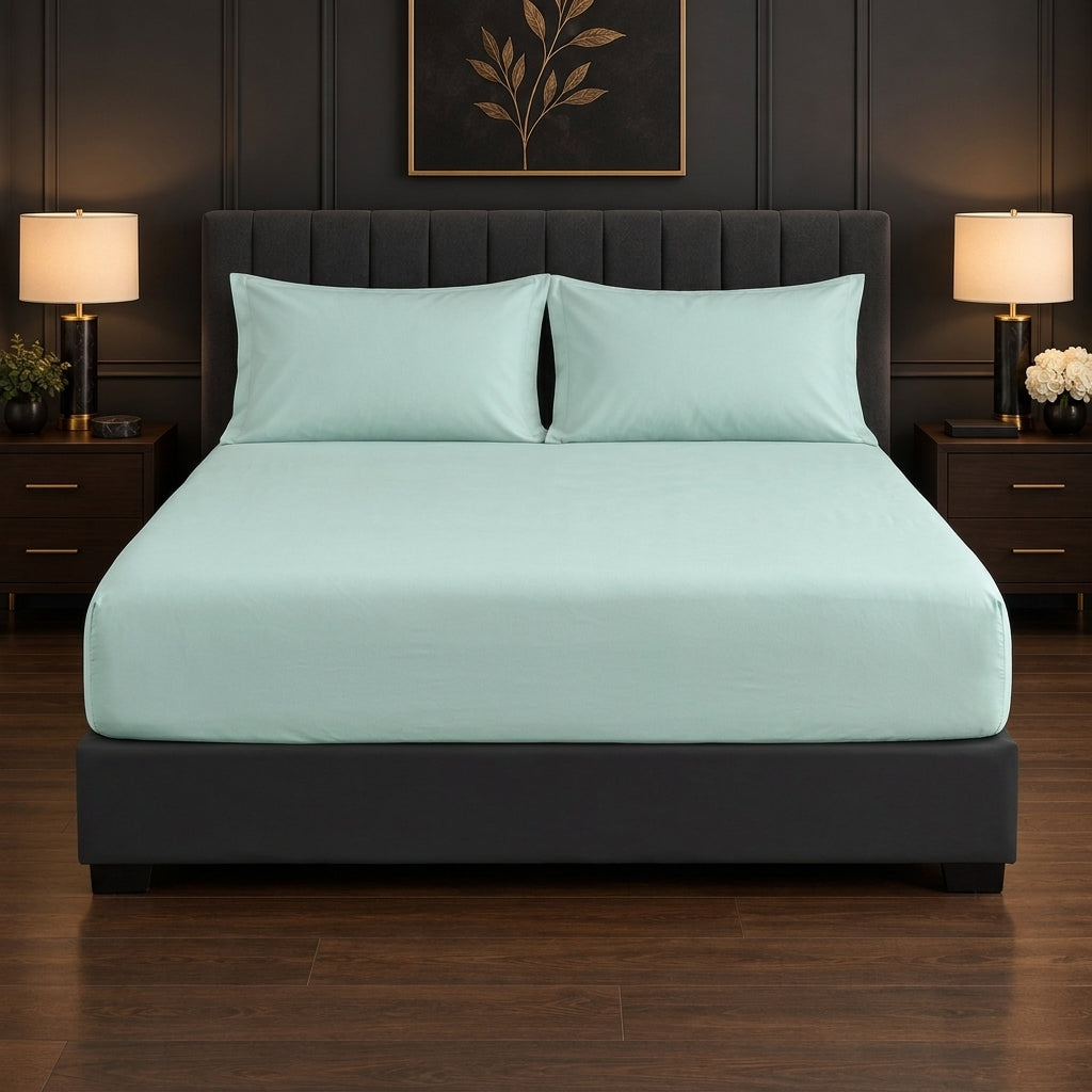 Whimsy Weave Premium Plain Bedsheet Set - Sage Green King Fitted sheet on a bed
