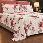 Red Blossom Print Bedsheet Set close-up of print and pillow covers