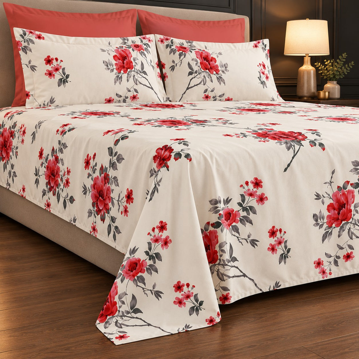 Red Blossom Print Bedsheet Set close-up of print and pillow covers