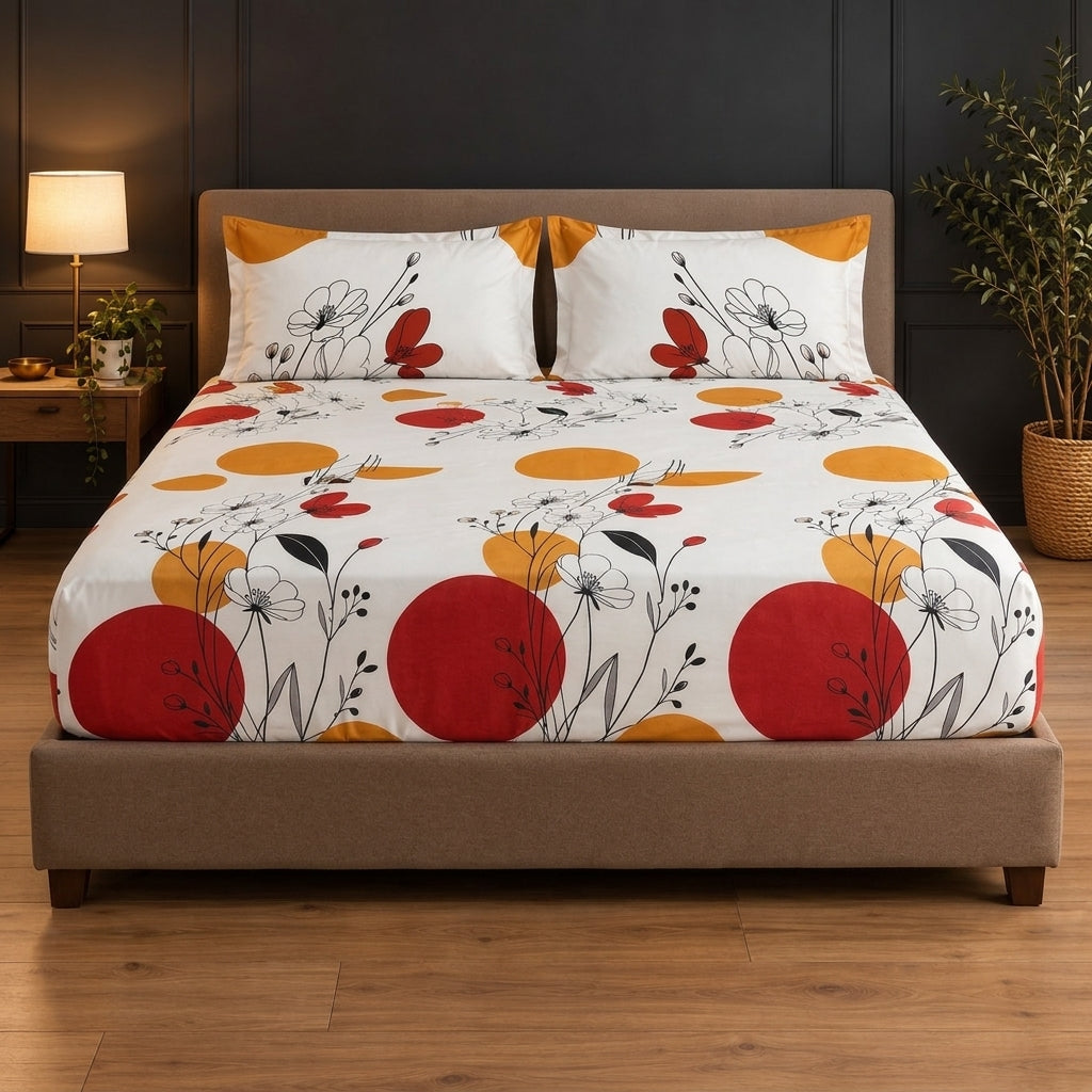 Whimsy Weave Red Sun Bloom Print Bedsheet Set King Fitted sheet on a bed