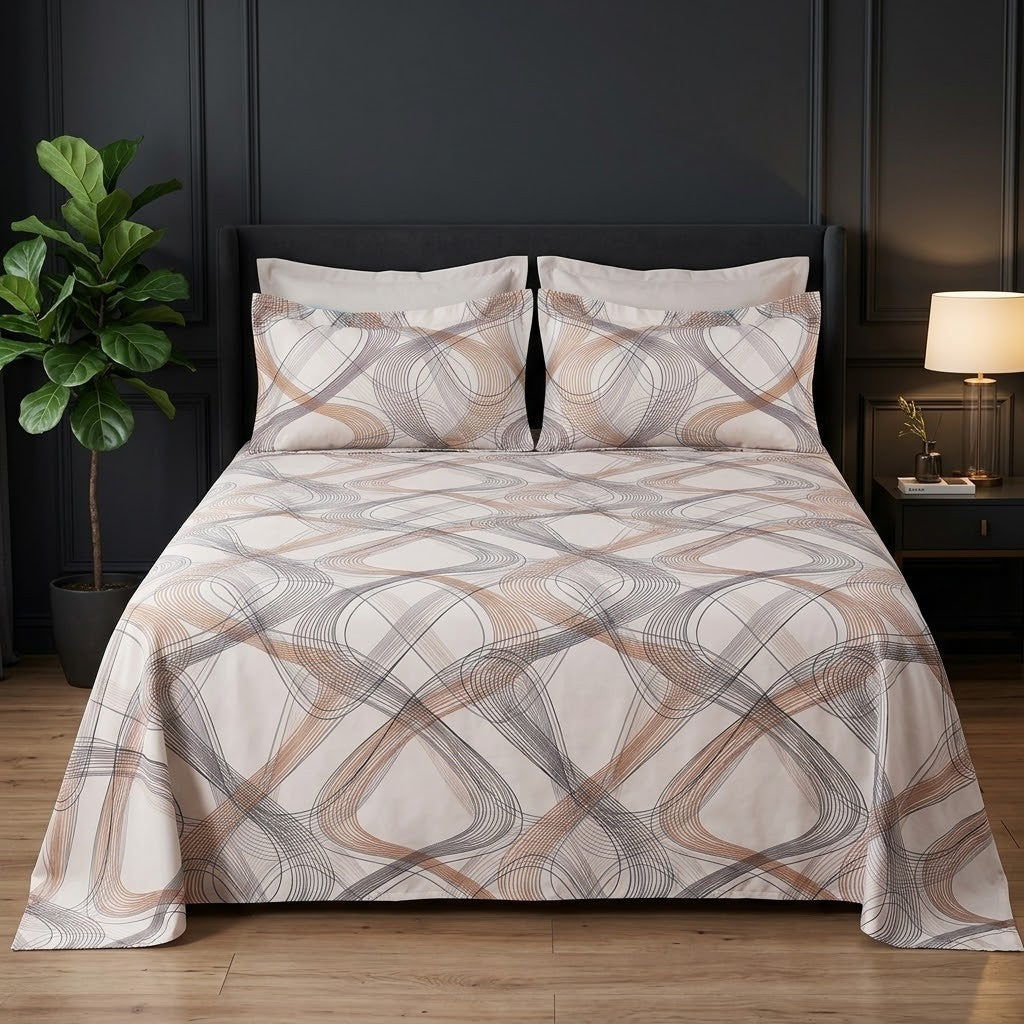 Whimsy Weave Ribbon Swirl Print Bedsheet Set on a bed
