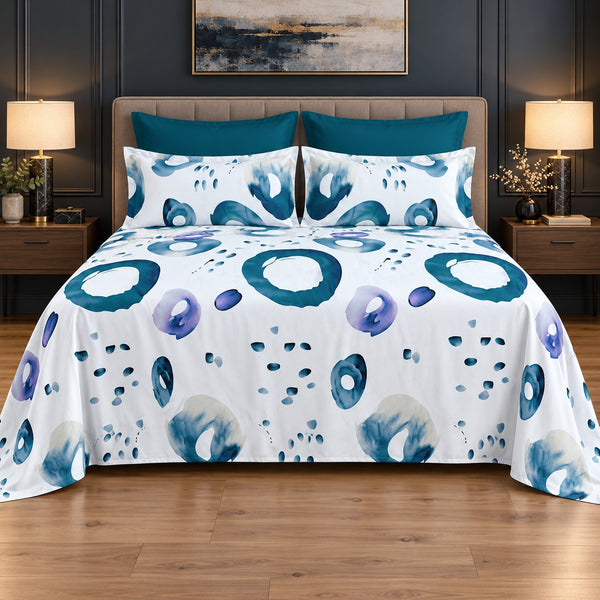 Whimsy Weave Teal Ring Print Bedsheet Set on a bed