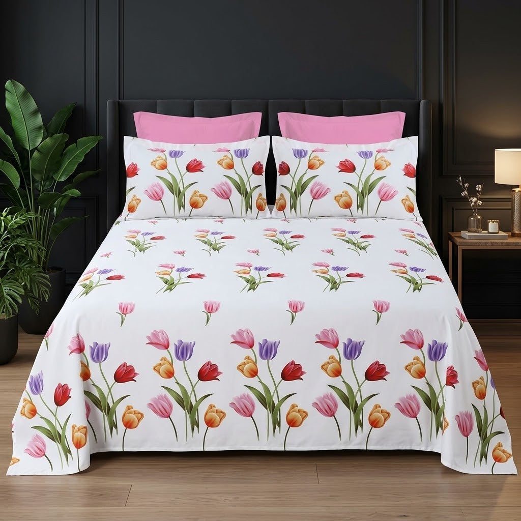 Whimsy Weave Tulip Garden Print Bedsheet Set on a bed