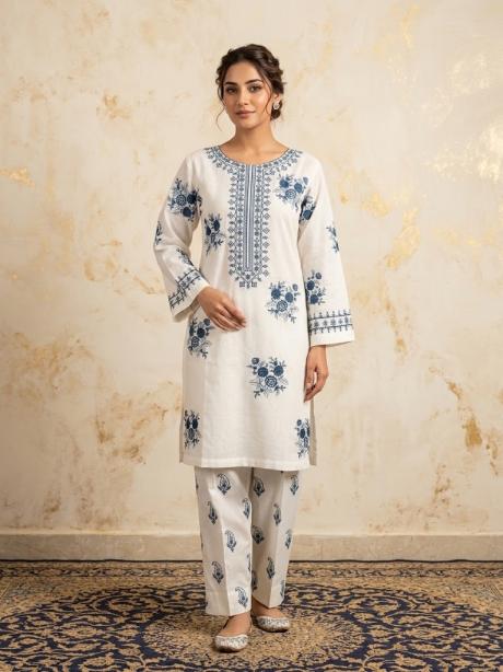 2Pc Stitched Embroidered Suit - White with Blue Embroidery