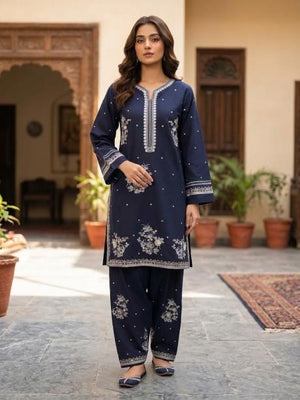2Pc Stitched Embroidered Suit - Navy Blue Floral Border