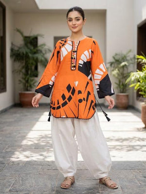 2Pc Stitched Print Suit - Orange