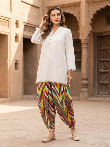 2Pc Stitched Print Shalwar Suit - White