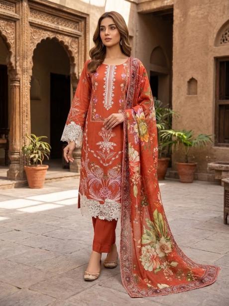 3Pc Stitched Embroidered Suit - Orange