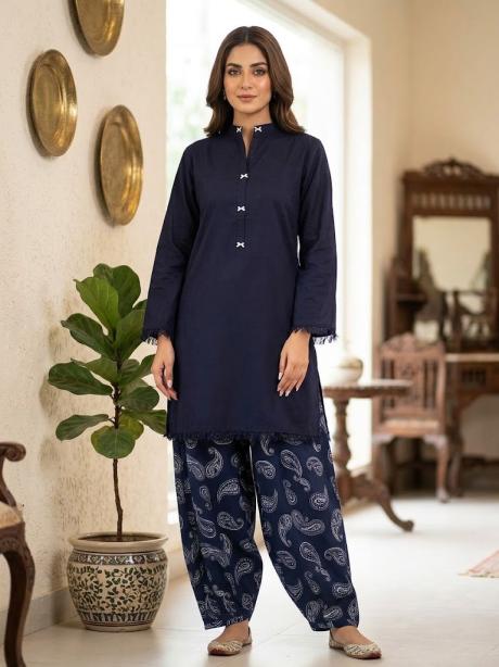 2Pc Stitched Print Shalwar Suit - Navy Blue