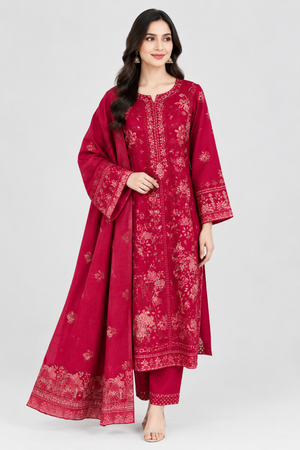 3 Pc Embroidered Lawn Cotton Stitched Suit RED 16
