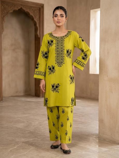 2Pc Stitched Embroidered Suit - Parrot Green