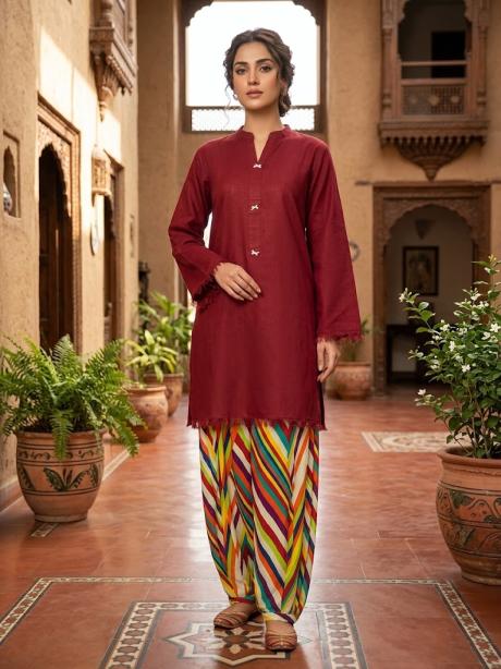2Pc Stitched Print Shalwar Suit - Maroon