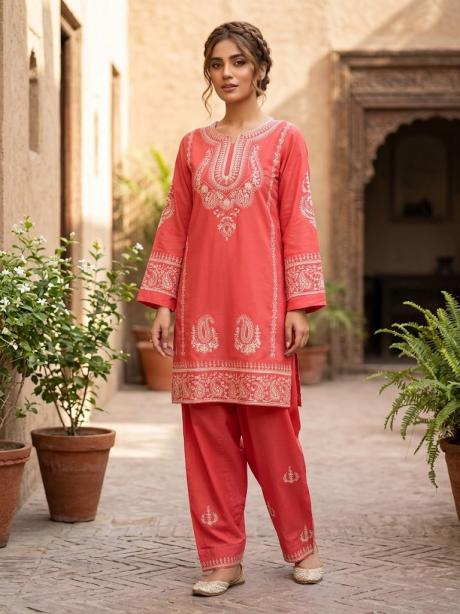 2Pc Stitched Embroidered Suit - Coral Pink Paisley Border