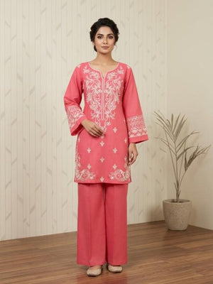 2Pc Stitched Embroidered Suit - Pink Scroll Embroidery