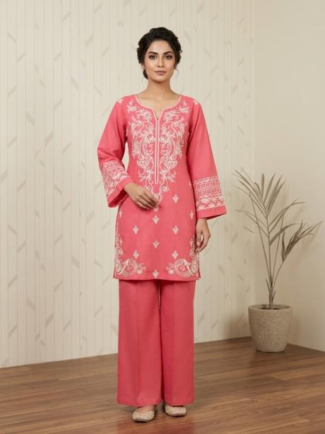 2Pc Stitched Embroidered Suit - Pink Scroll Embroidery