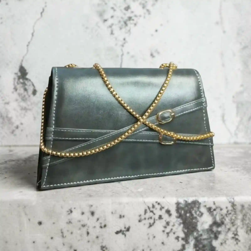 Elegant Charcol Grey Leather Clutch Bag with Gold Chain Strap