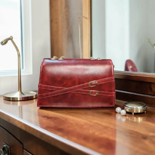 Elegant Charcol maroonLeather Clutch Bag with Gold Chain Strap