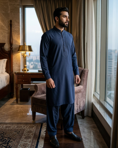 Men's Unstitched Classic Cotton Navy Blue Suit