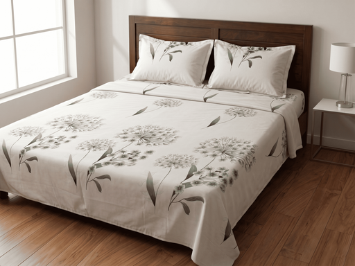 Premium White Botanical Printed Bedsheet Set