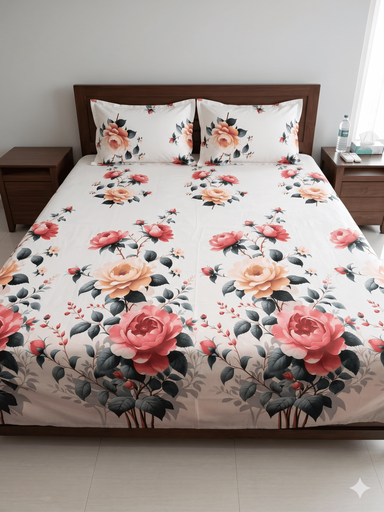 Premium White Rose Floral Printed Bedsheet Set