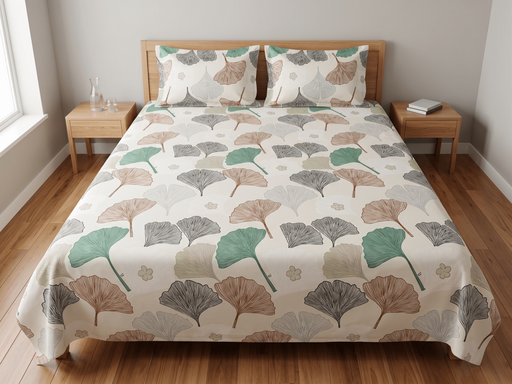 Premium Beige Ginkgo Leaf Printed Bedsheet Set