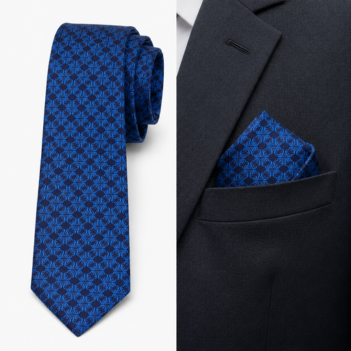 Imported Floral Blue Elegant Tie with Pocket Square