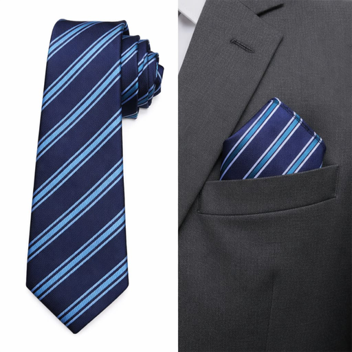 Navy Sky Stripped Tie with Pocket Square