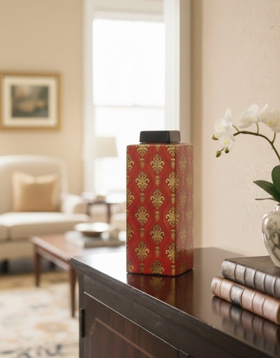 Red & Gold Damask Ceramic Jar