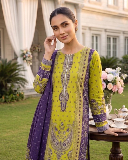 3 Pieces - Neova Unstitched Lime Print Lawn Suit