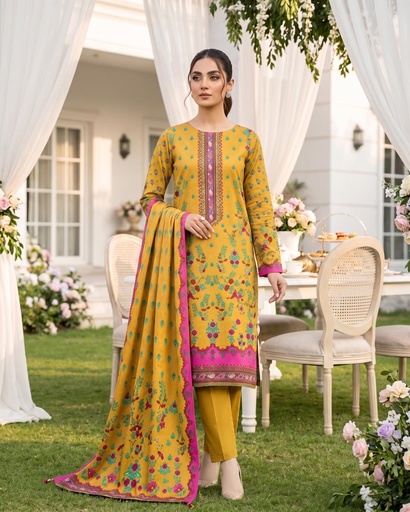 3 Pieces - Neova Unstitched Mustard Print Lawn Suit