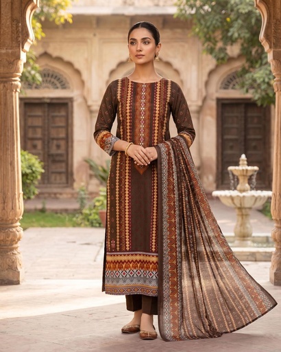 3 Pieces - Neova Unstitched Coffee Brown Print Lawn Suit