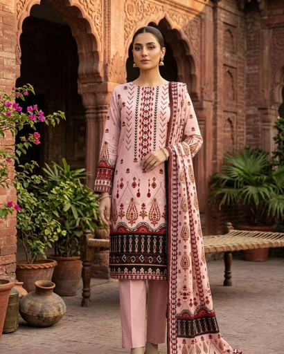 3 Pieces - Neova Unstitched Pink Print Lawn Suit