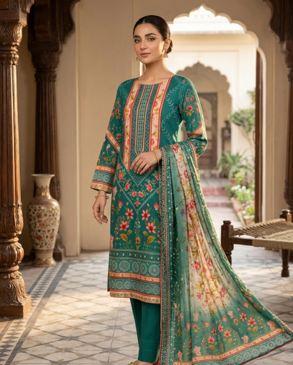 3 Pieces - Neova Unstitched Teal Green Print Lawn Suit